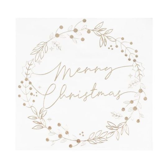 Serviettes "Merry Christmas" Couronne blanc et or Ginger Ray décoration de table fête de noël