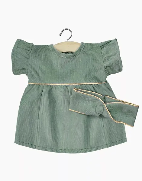 Robe Daisy en milleraies vert sauge et son headband croisé, Minikane, Poupée, Gordis, Vêtements, Jeu, Enfant