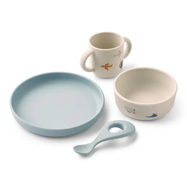 Set de vaisselle en silicone Vivi - Aviator/Ecru, Liewood, Vaisselle, Premiers repas, Cadeau de naissance